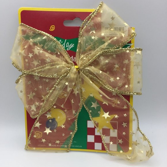 Holiday Makers 8" Gold Bow Yellow Glitter Stars Christmas Home Decor - Picture 1 of 5